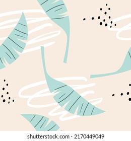 Patrón sin foco con hojas de plátano tropical. Dibujado a mano por el vector. Papel pintado, textiles, ropa. Hojas tropicales con puntos y garabatos.