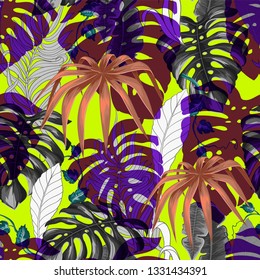 Seamless pattern with tropical banana, palm and monstera leaves 