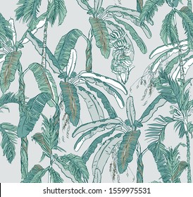 Seamless Pattern Tropical Banana Palm Trees Wallpaper Design Floral Lithograph Illustration Tropical Jungle Blue And Green Colors On Grey Background