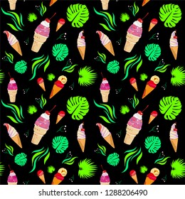 Seamless pattern tropical bananas and flowers. Hand drawn illustration_tropical leaves