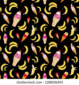 Seamless pattern tropical bananas and flowers. Hand drawn illustration_bananas