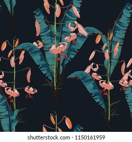 Seamless pattern with tropical bananas leaves.Palm leaves and lilies on the black background. Vector seamless pattern. Tropical illustration. Jungle foliage.