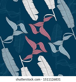 Seamless pattern tropical beautiful with bird of paradise flowers on isolated dark green background.Vector illustration drawing line art.For fabric design.