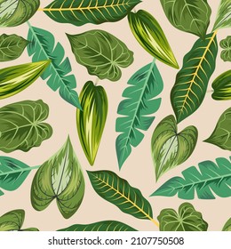 Seamless pattern with tropical beautiful leaves exotic background.
