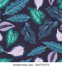 Seamless pattern with tropical beautiful leaves exotic background.