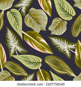 Seamless pattern with tropical beautiful leaves exotic background.