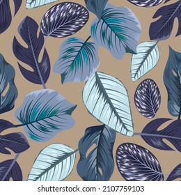 Seamless pattern with tropical beautiful leaves exotic background.