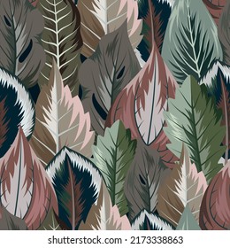 Seamless pattern with tropical beautiful leaves exotic background.