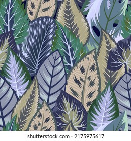 Seamless pattern with tropical beautiful leaves exotic background.