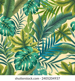 Seamless pattern with tropical beautiful leaves exotic background