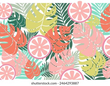 Seamless pattern with tropical beautiful strelitzia flowers and leaves white background.