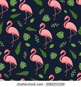 Patrón sin foco con flamingo de ave tropical, hojas y monstruo. Textura con un pájaro para textiles, papel pintado, diseño impreso, postales de ropa. Ilustración vectorial.