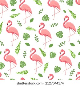 Seamless pattern with tropical bird flamingo, leaves and monster. Texture with a bird for textiles, wallpaper, print design, clothes postcards. Vector illustration.