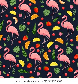 Seamless pattern with tropical bird flamingo, leaves, berries and fruits. Texture with a bird for textiles, wallpaper, print design, clothes postcards. Vector illustration.