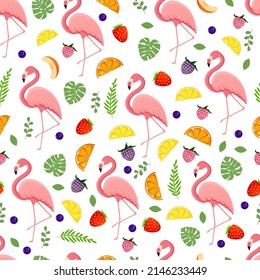 Patrón sin foco con flamingo de ave tropical, hojas, bayas y frutas. Textura con un pájaro para textiles, papel pintado, diseño impreso, postales de ropa. Ilustración vectorial.