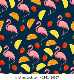 Seamless pattern with tropical bird flamingos, leaves and fruits. Texture with a bird for textiles, wallpaper, print design, clothes postcards. Vector illustration.