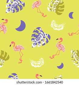  seamless pattern tropical with bird , monstera and feather on yellow background