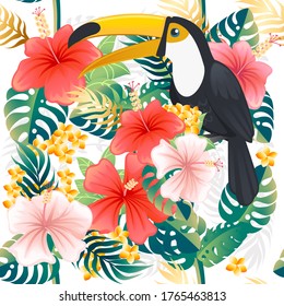 Seamless pattern with tropical bird toucan with green tropical leaves and pink red flowers. Cartoon animal design flat vector illustration on white background