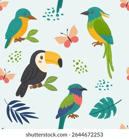 Seamless pattern, tropical birds and butterflies, toucans, parrots, foliage and soft shapes. For kids design and textile prints.