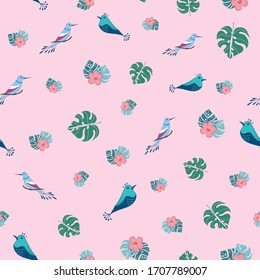 Seamless pattern tropical birds and flowers on pastel pink background