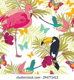 Seamless pattern with tropical birds and flowers, palm leaves and butterflies, vector illustration