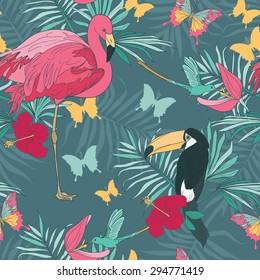 Seamless pattern with tropical birds and flowers, palm leaves and butterflies, vector illustration