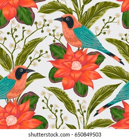 Seamless Pattern With Tropical Birds, Flowers And Leaves. Exotic Flora And Fauna. Vintage Hand Drawn Vector Illustration In Watercolor Style