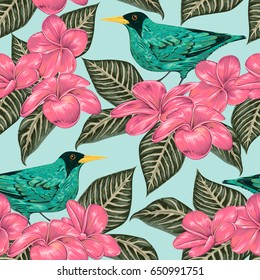 Seamless pattern with tropical birds, flowers and leaves. Exotic flora and fauna. Vintage hand drawn vector illustration in watercolor style