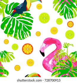 seamless pattern with tropical birds and flowers