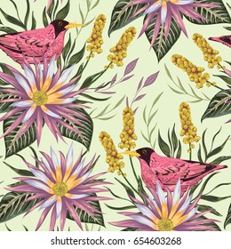 Seamless pattern with tropical birds, flowers,berries and leaves. Exotic flora and fauna. Vintage hand drawn vector illustration in watercolor style