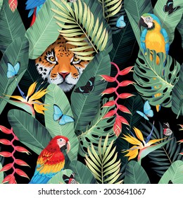 Seamless pattern with tropical birds and jaguar