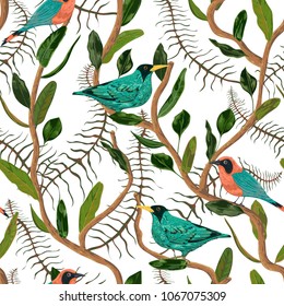 Seamless pattern with tropical birds, liana and leaves. Exotic botanical background. Vector illustration in watercolor style 