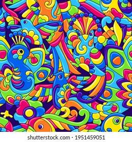 Seamless pattern with tropical birds. Mexican ceramic cute naive art.