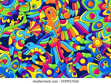 Seamless pattern with tropical birds. Mexican ceramic cute naive art.