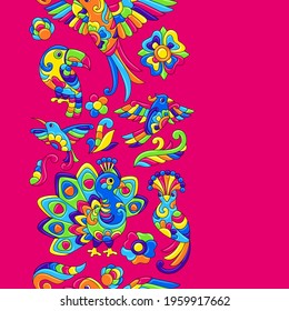 Seamless pattern with tropical birds. Mexican ceramic cute naive art.