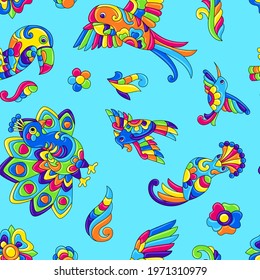 Seamless pattern with tropical birds. Mexican ceramic cute naive art.