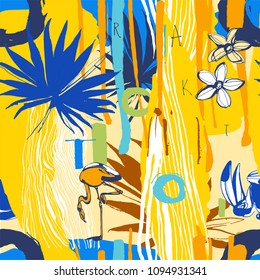 Seamless pattern of Tropical birds, palm leaves, flowers and letters. Artistic creative universal floral pattern. Design for poster, card, invitation, placard, flyer, textile.Vector Illustration. .