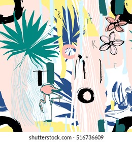 Seamless pattern of Tropical birds, palms, flowers and letters. Artistic creative universal floral pattern. Design for poster, card, invitation, placard, flyer, textile.Vector Illustration. Isolated.