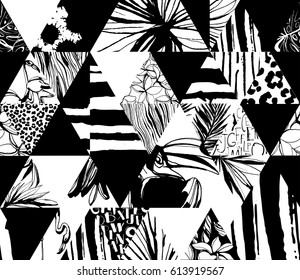 Padrão sem emenda Pássaros tropicais, palmeiras, flores, triângulos. Estilo de tinta grunge. Padrão floral universal criativo artístico. Texturas desenhadas à mão. Cartaz de design, cartão, têxtil, impressão. Ilustração vetorial.