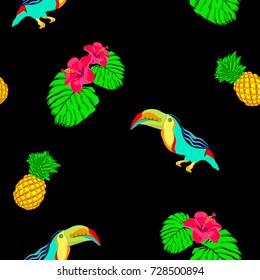 seamless pattern with tropical birds, pineapples and flowers