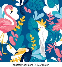 Seamless pattern with tropical birds and tropical plants, cartoon flat style and bright palette, vector illustration