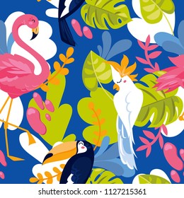 Seamless pattern with tropical birds and tropical plants, cartoon flat style and bright palette, vector illustration