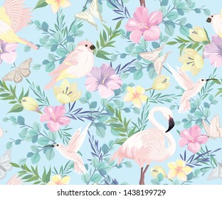 seamless pattern with tropical birds and plants