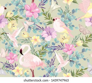 seamless pattern with tropical birds and plants