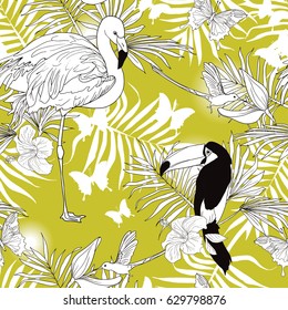 Seamless pattern with tropical birds, plants and butterflies, green and white colors, vector illustration