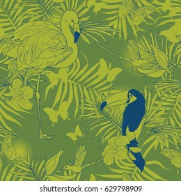 Seamless pattern with tropical birds, plants and butterflies, green colors, vector illustration