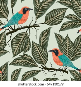 Seamless pattern with tropical birds and plants. Exotic flora and fauna. Vintage hand drawn vector illustration in watercolor style