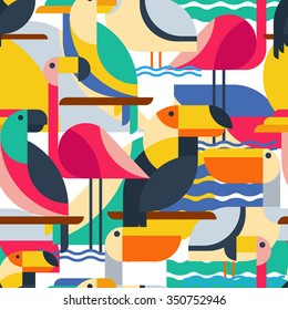 Seamless pattern with tropical birds. Vector flat background with toucan, cockatoo parrot, flamingo and pelican. Design concept for fabric design, textile print, wrapping paper or web backgrounds. 