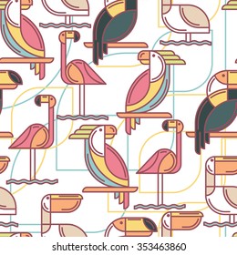 Seamless pattern with tropical birds. Vector flat background with toucan, cockatoo parrot, flamingo and pelican. Design concept for fabric design, textile print, wrapping paper or web backgrounds. 