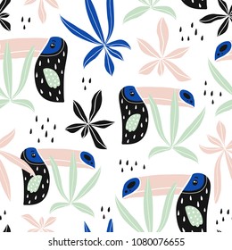 Seamless pattern with tropical birds,tucans, palm leaves. Creative kids texture for fabric, wrapping, textile, wallpaper, apparel. Vector illustration